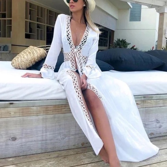 Boho Whie Semi Sheer Front tie Flared Sleeve Kimono Duster Cover up - Picture 1 of 6